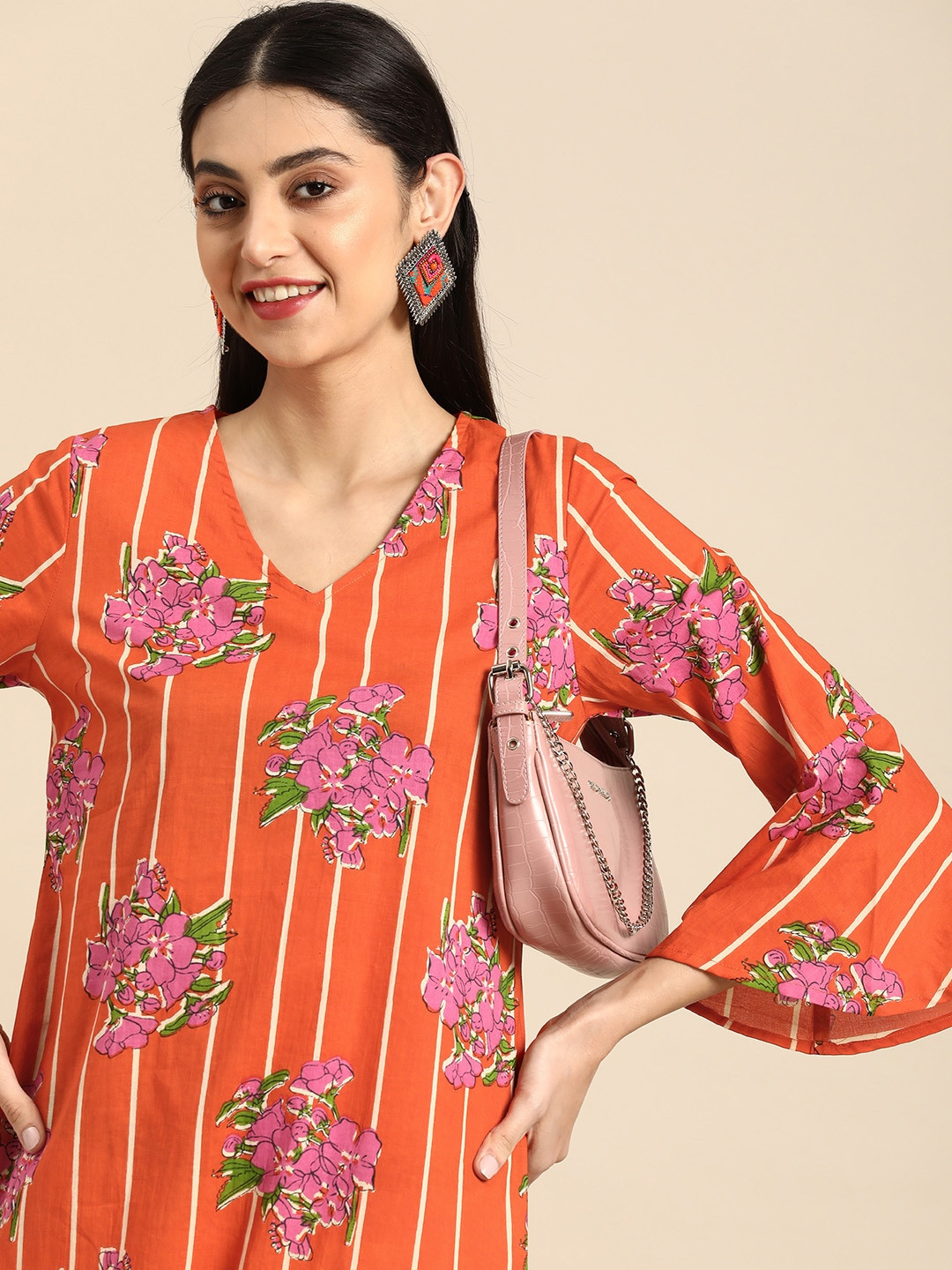 

Anouk Women Pure Cotton Floral Printed Bell Sleeves Kurta, Orange