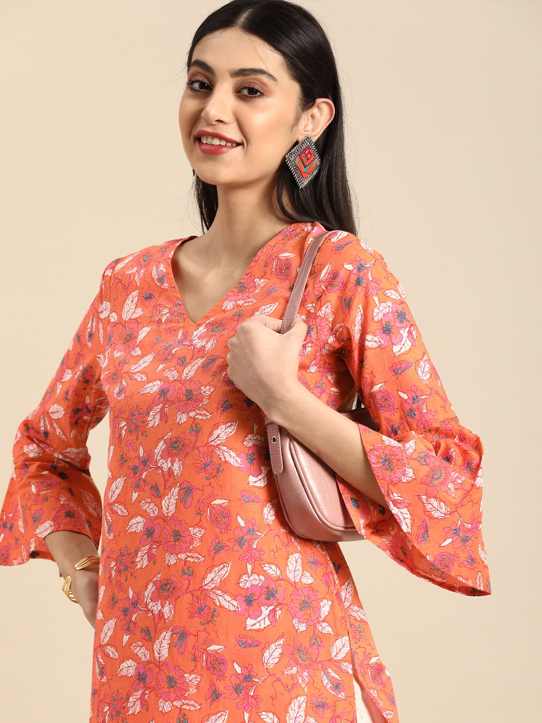 

Anouk Women Pure Cotton Floral Printed Bell Sleeves Kurta, Peach