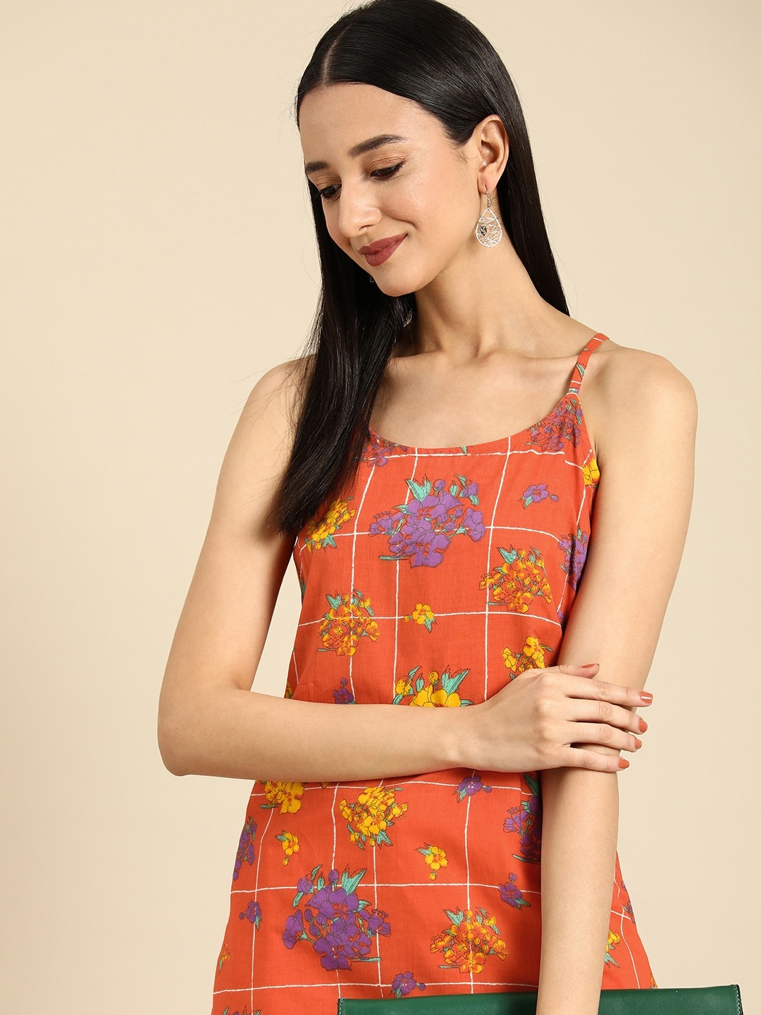 

Anouk Floral Printed And Checked Pure Cotton Sleeveless Kurta, Orange