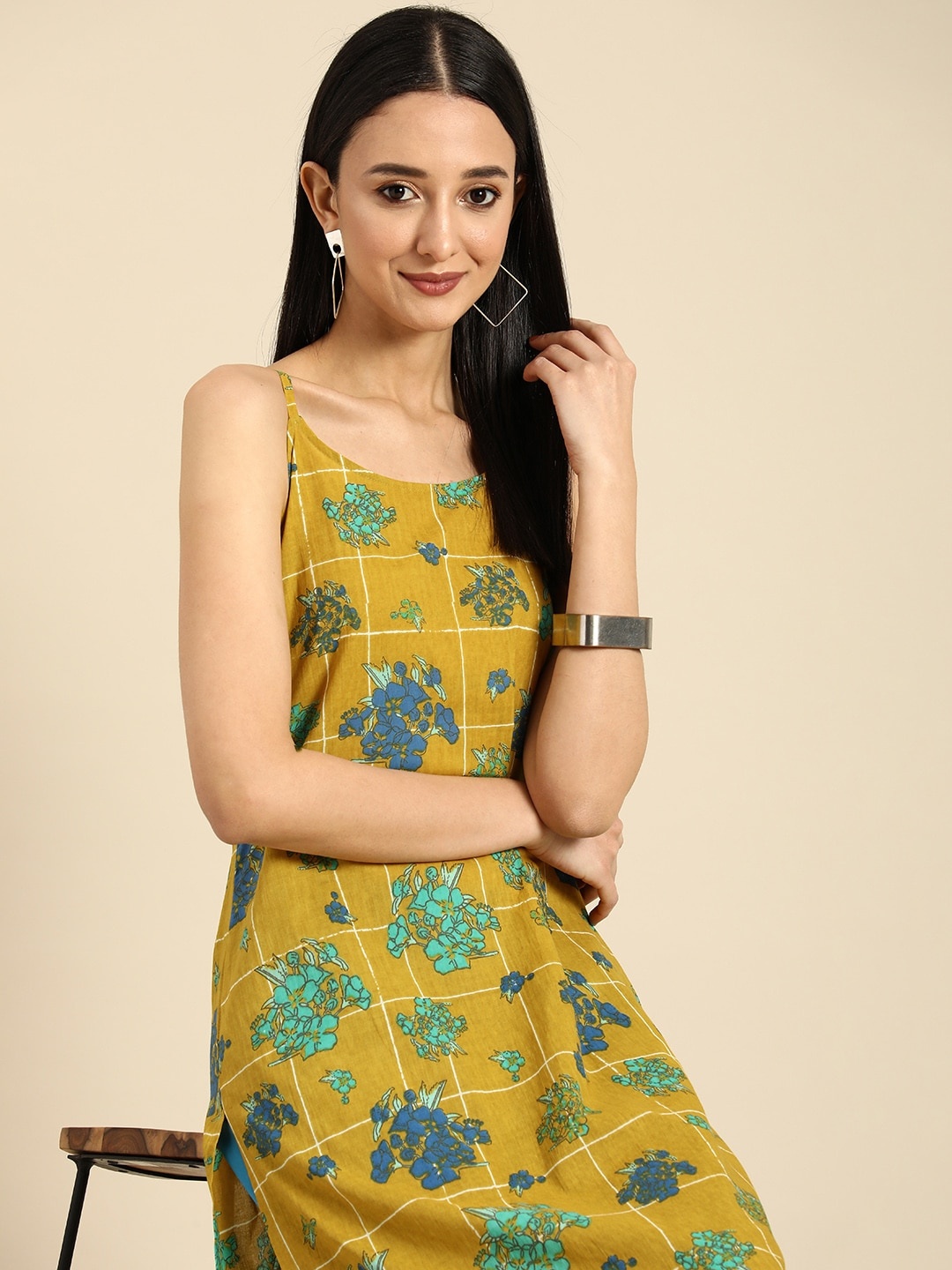 

Anouk Women Pure Cotton Floral Printed Shoulder Straps Straight Kurta, Green