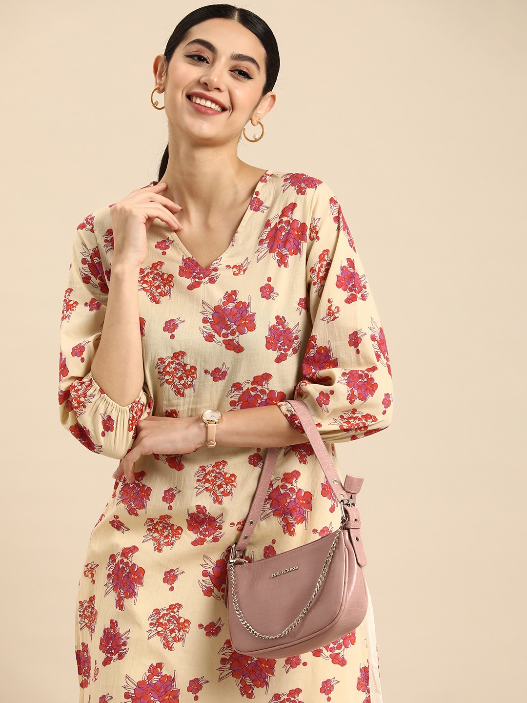 

Anouk Women Pure Cotton Floral Printed Floral Kurta, Beige