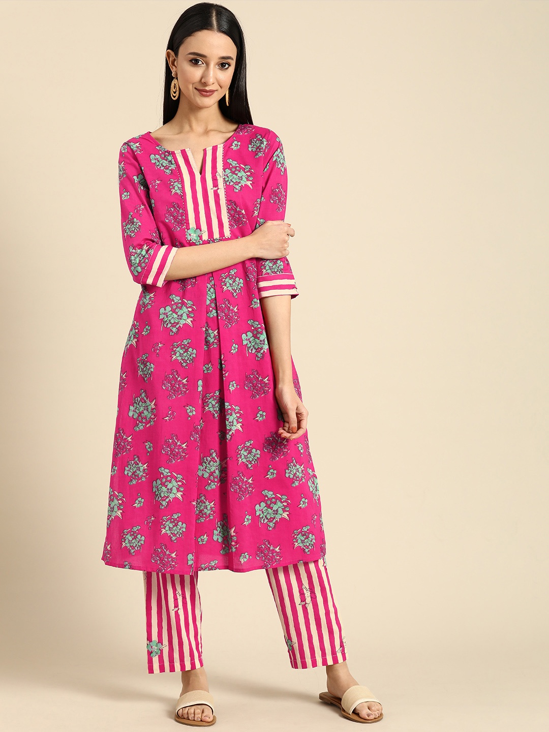 

Anouk Women Pure Cotton Floral Printed Kurta with Trousers, Pink