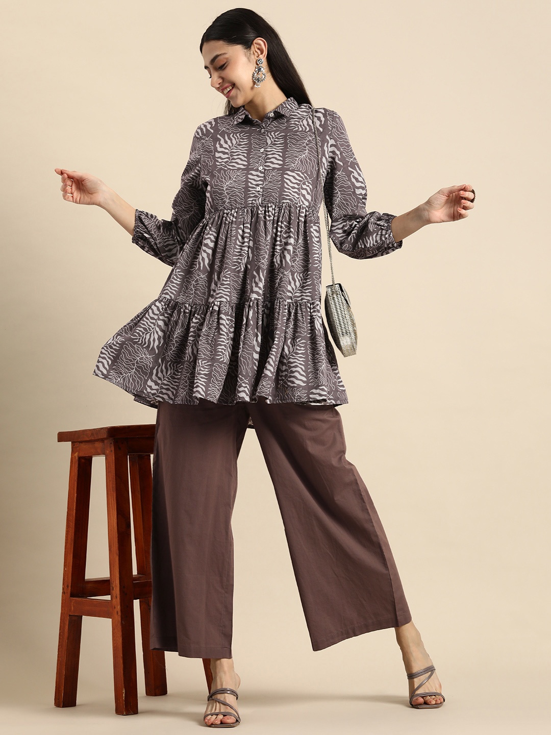 

Anouk Printed Pure Cotton Kurti with Palazzos, Grey