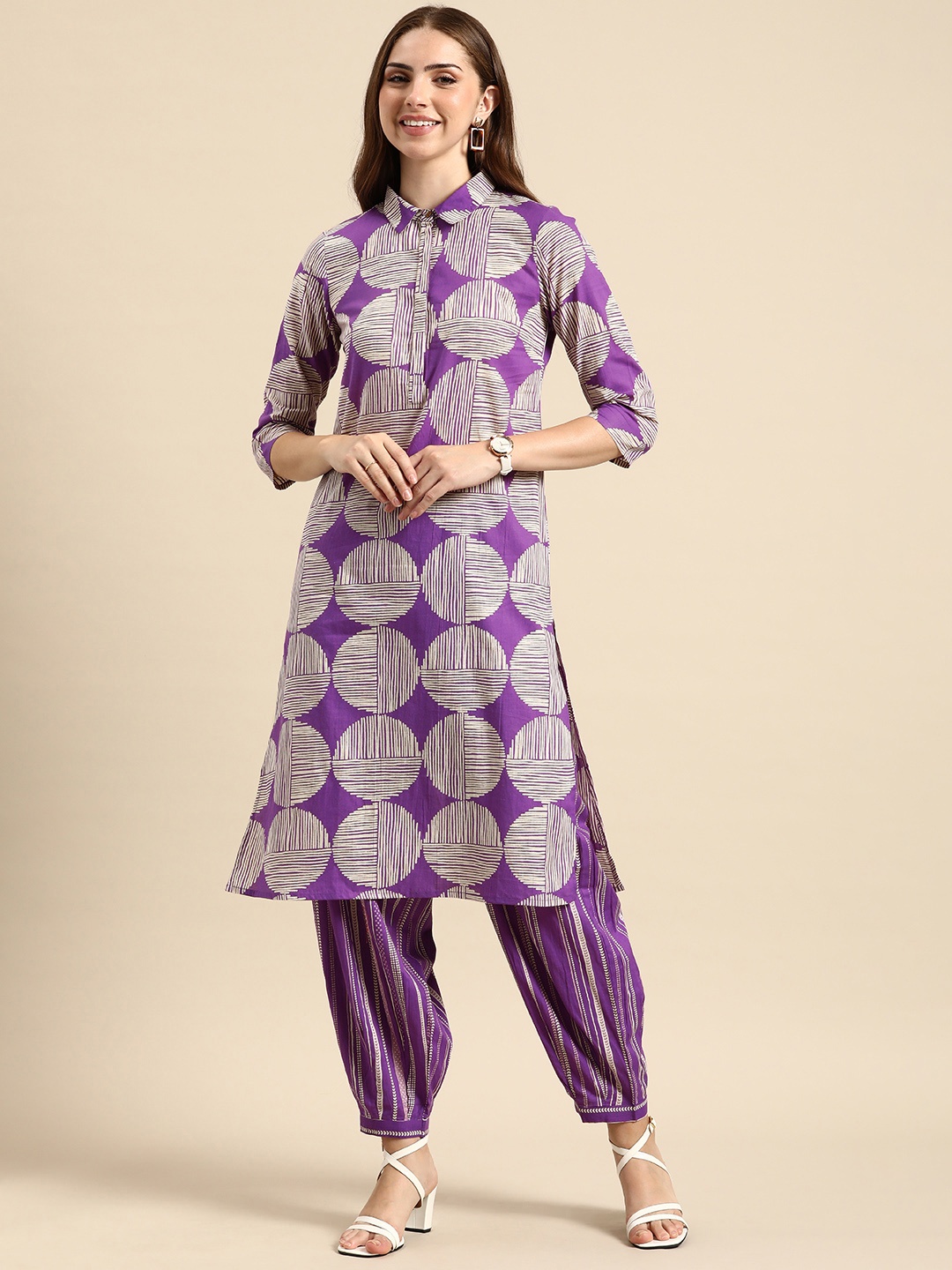 

Anouk Women Shirt Collar Printed Regular Kurta with Trousers, Purple