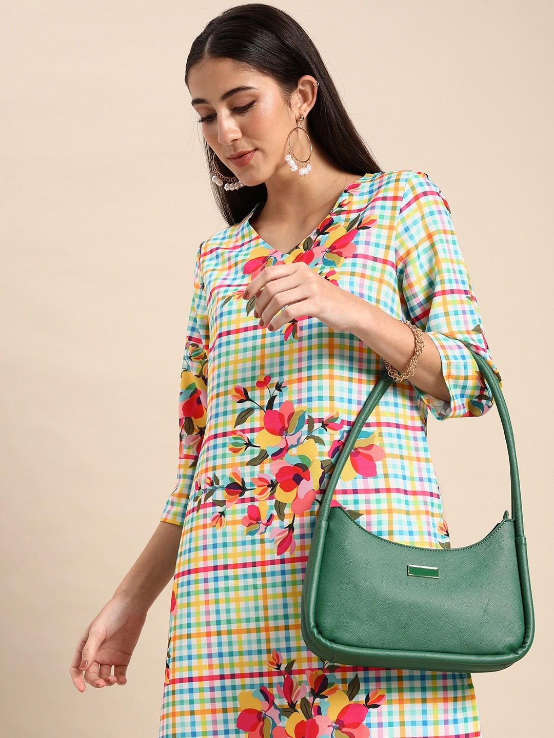 

Anouk Women V-Neck Floral Checked Kurta, Multi
