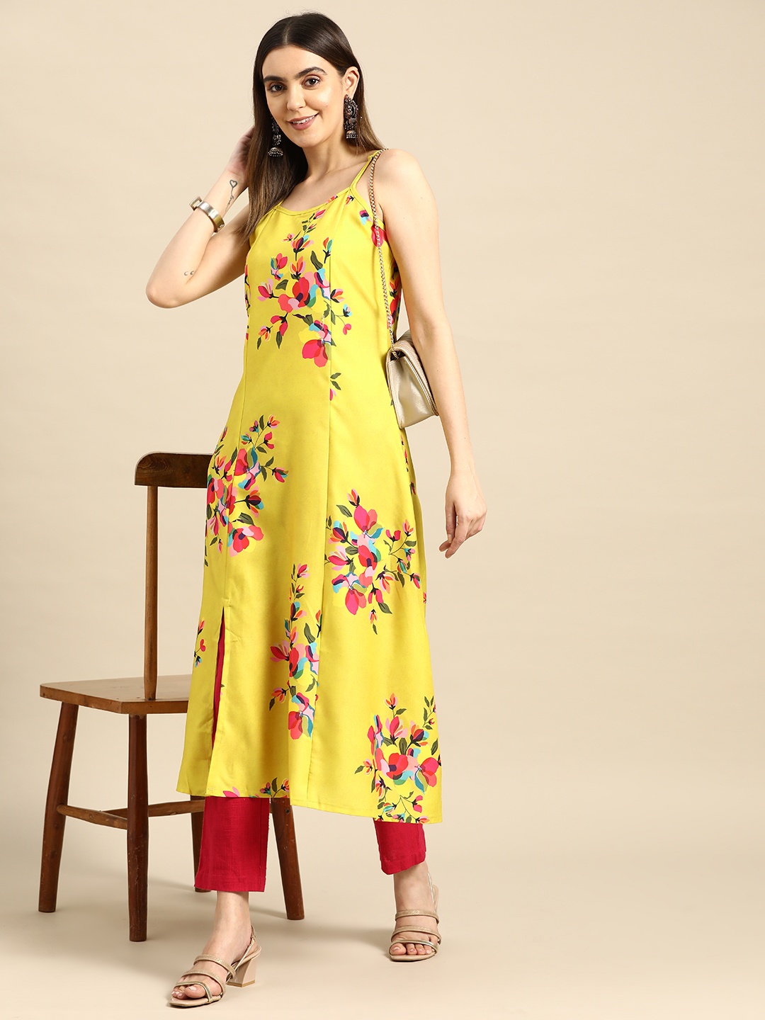 

Anouk Floral Printed Shoulder Straps A-Line Kurta, Mustard