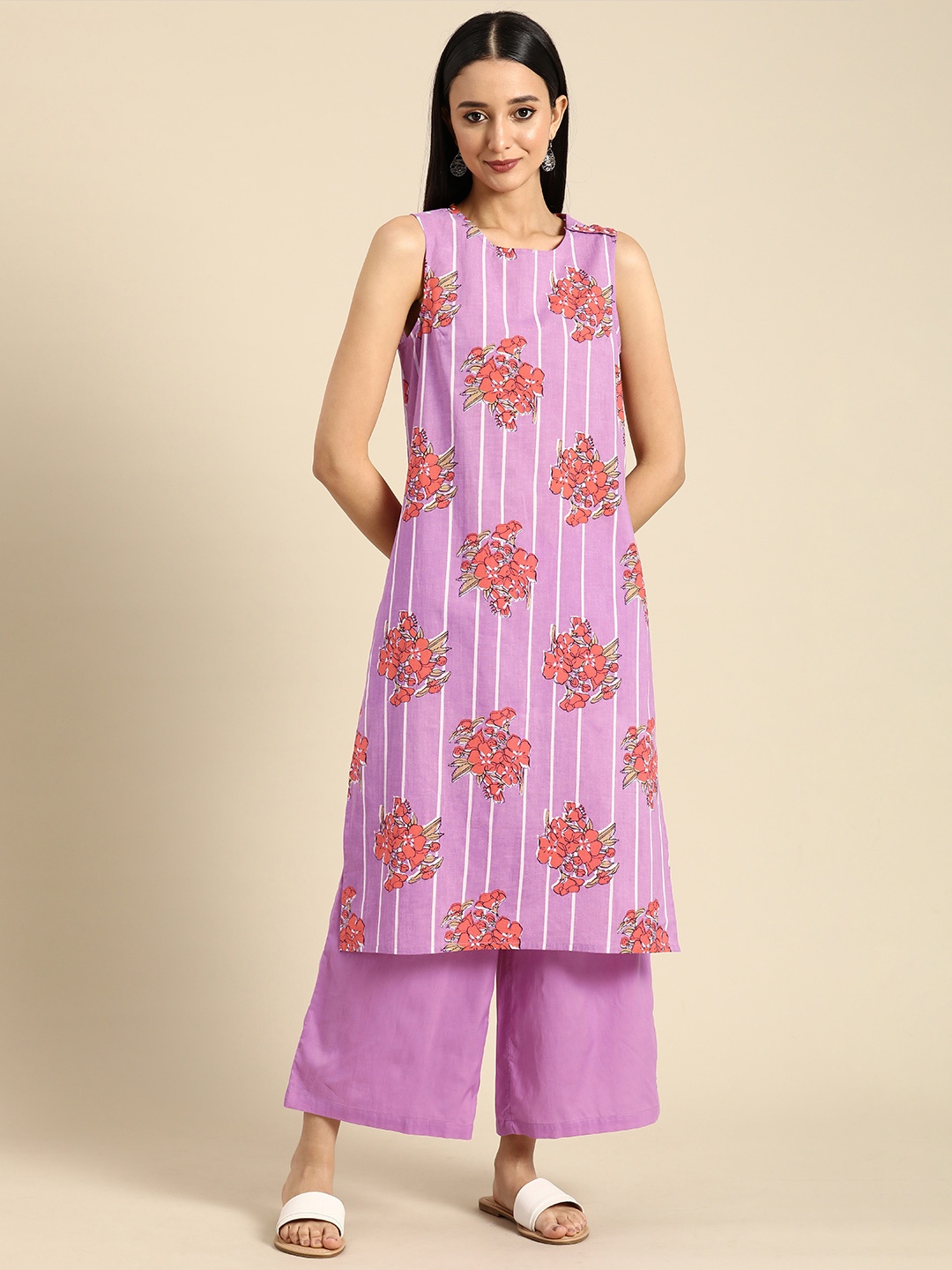 

Anouk Women Pure Cotton Floral Printed Kurta with Palazzos, Lavender