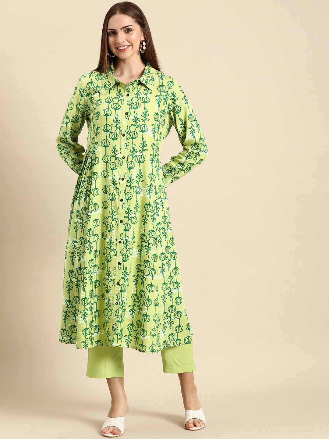 

Anouk Women Floral Printed Regular Kurta with Trousers, Green