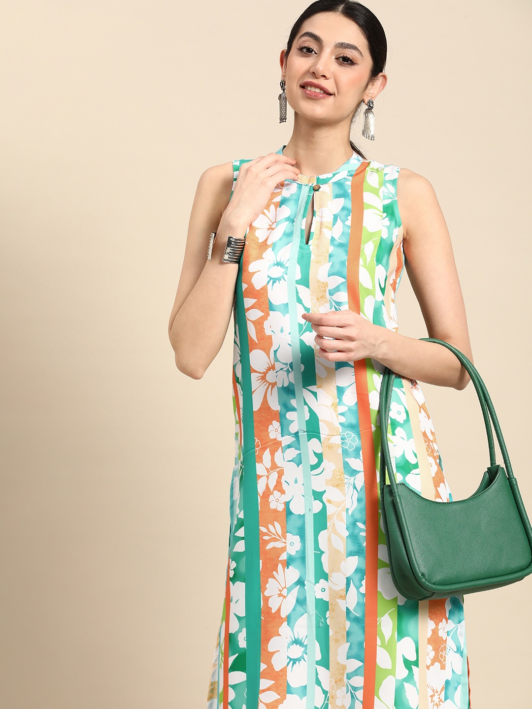 

Anouk Women Striped Floral Printed Sleeveless A-Line Kurta, Multi