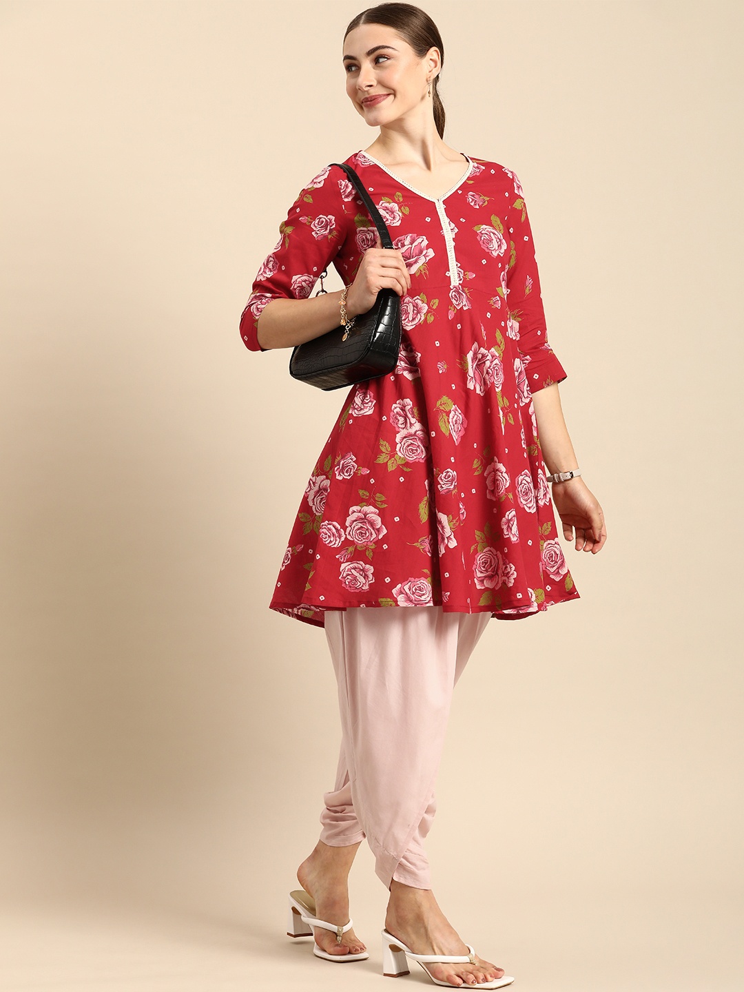 

Anouk Women Pure Cotton Floral Printed Regular Kurta with Dhoti Pants, Red