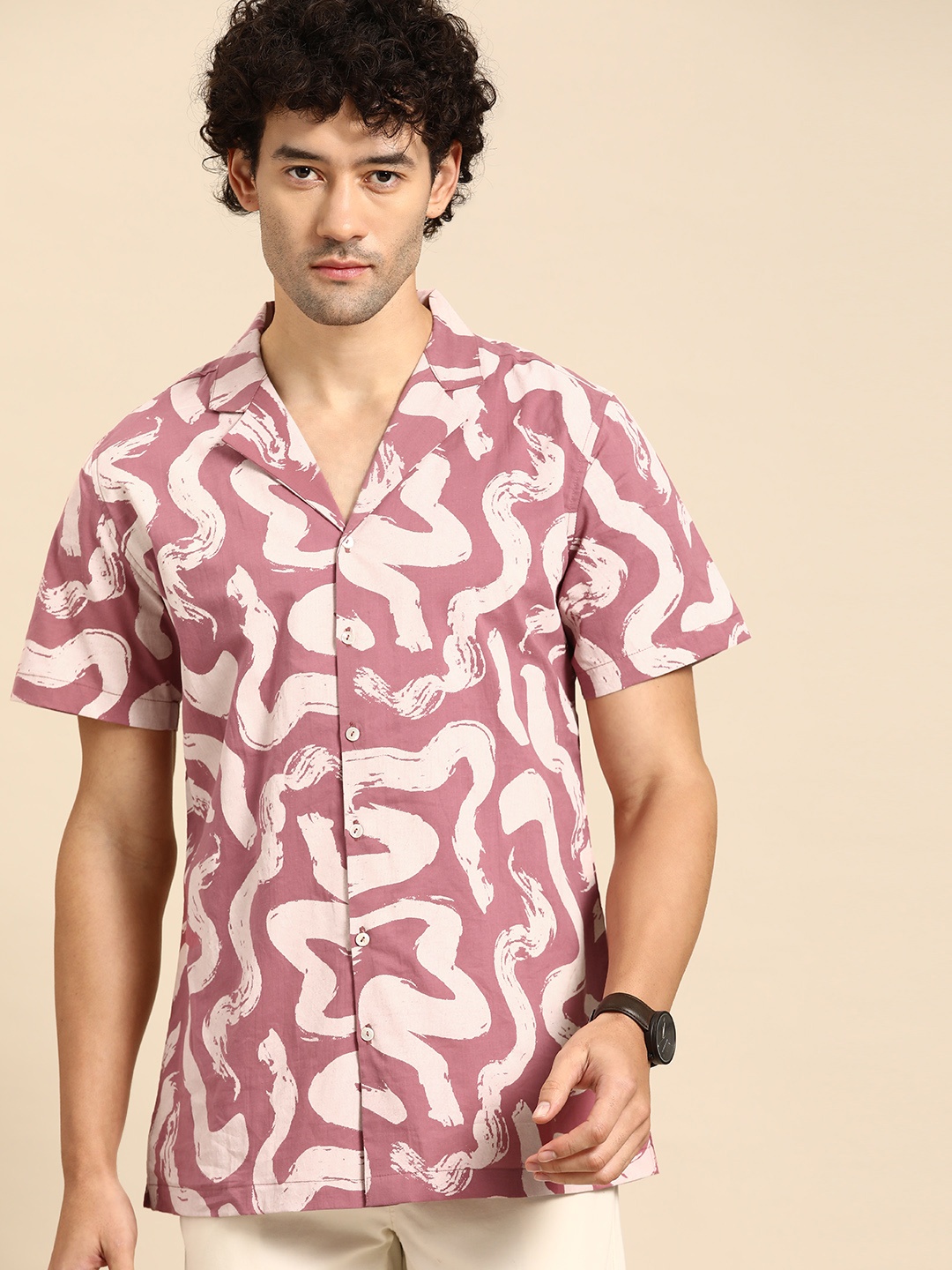 

Anouk Men Pure Cotton Abstract Print Casual Shirt, Pink