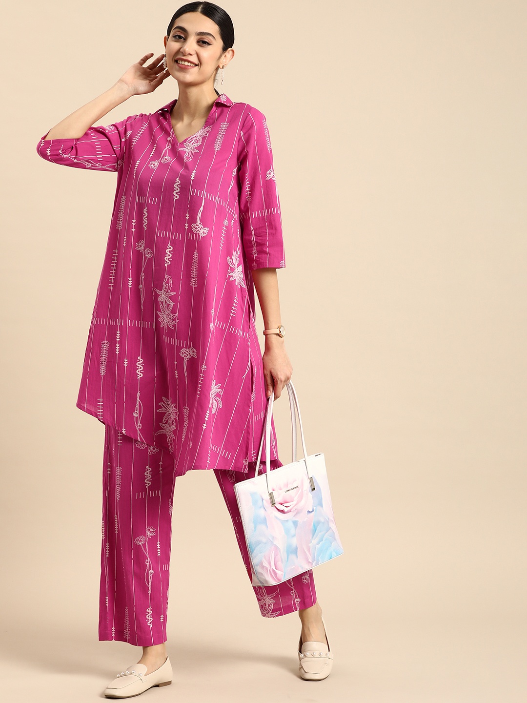 

Anouk Women Pure Cotton Tropical Printed Regular Kurta with Trousers, Pink