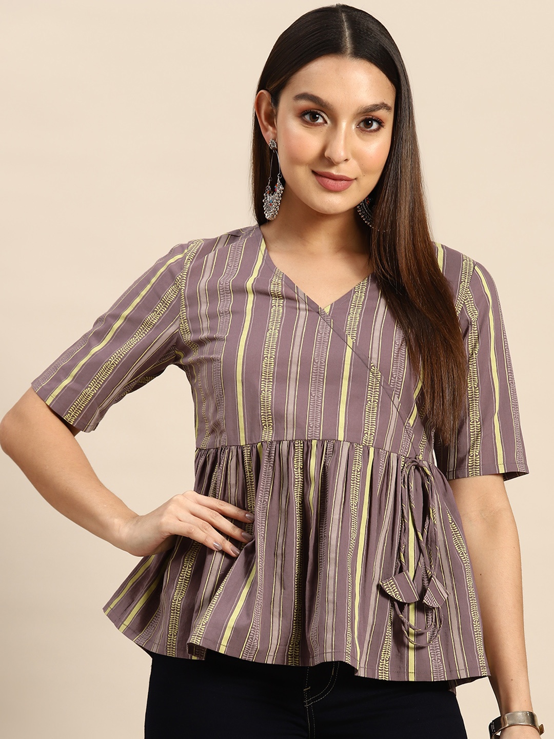 

Anouk Cotton Striped Wrap Ethnic Top, Mauve