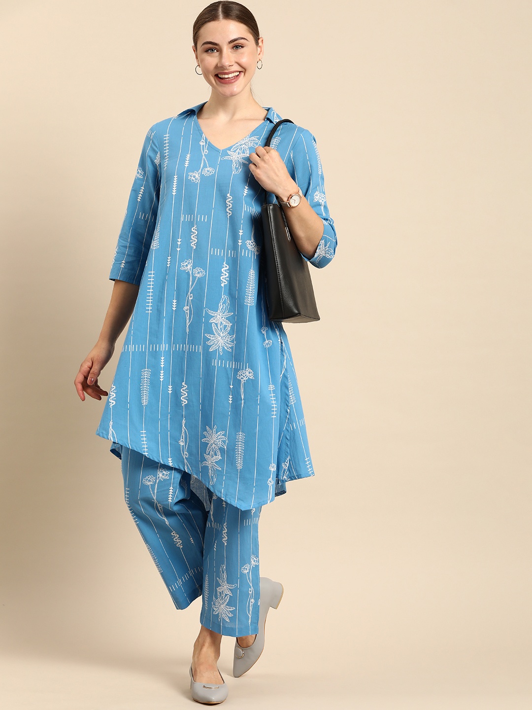 

Anouk Women Tribal & Striped Printed Pure Cotton Kurta with Palazzos, Blue