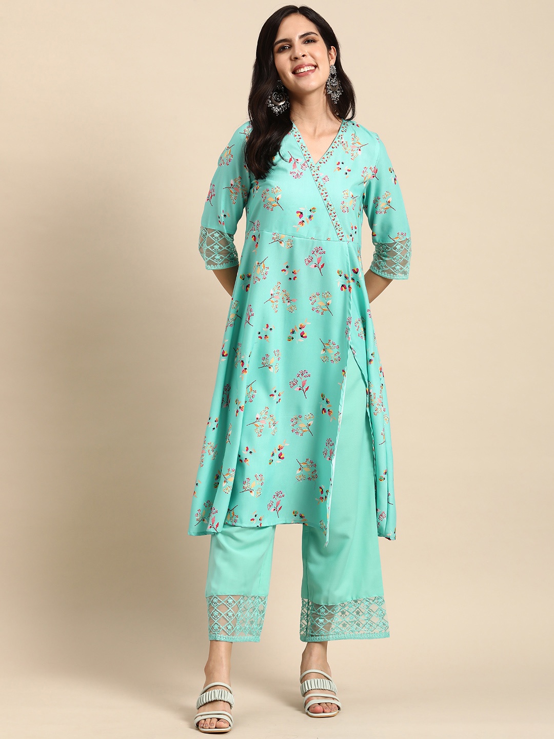 

Anouk Women Floral Printed Angrakha Kurta with Palazzos, Green