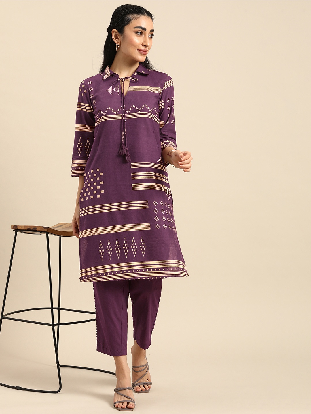 

Anouk Geometric Printed Shirt-Collar Regular Kurta with Trousers, Purple