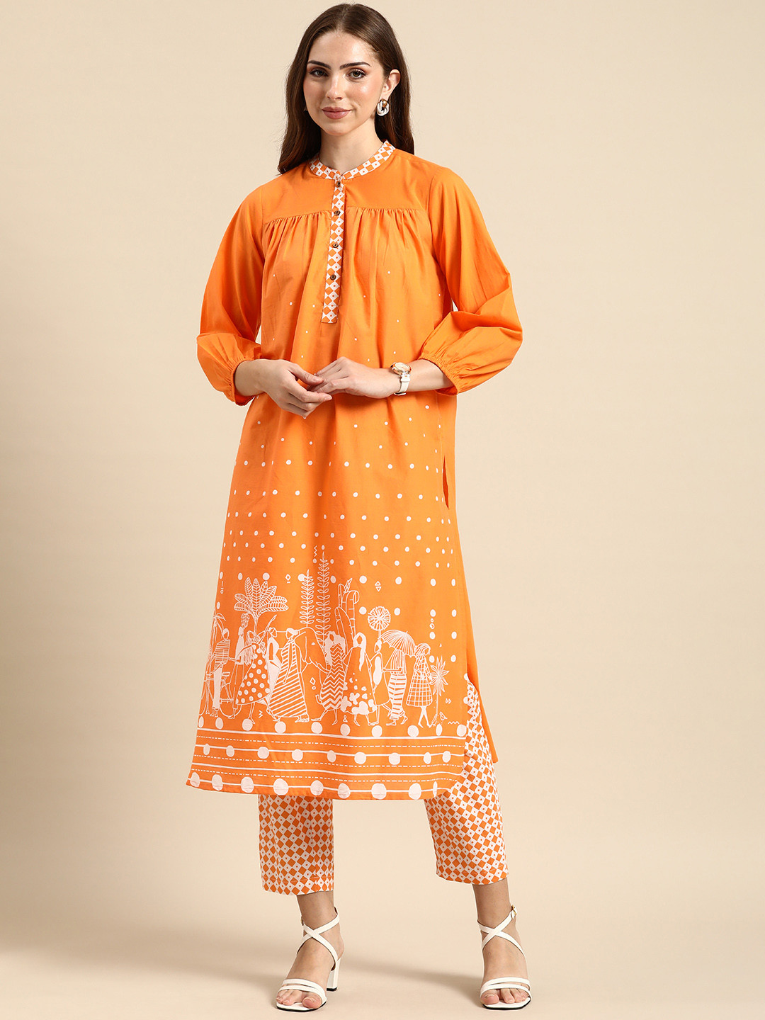 

Anouk Women Geometric Printed Pure Cotton Kurta with Trousers Set, Orange