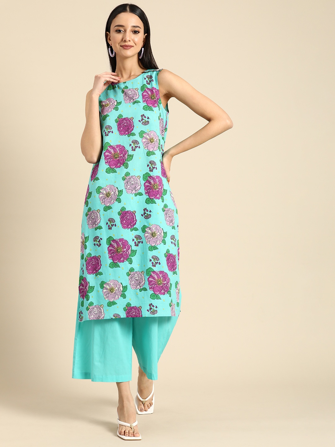 

Anouk Women Pure Cotton Floral Printed Kurta with Palazzos, Sea green