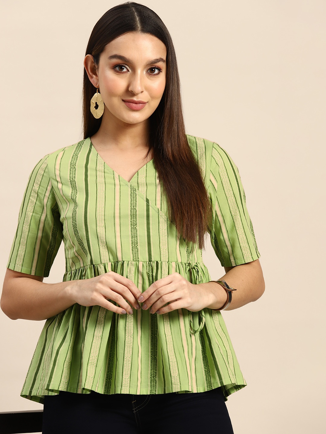 

Anouk Cotton Striped Wrap Ethnic Top, Green