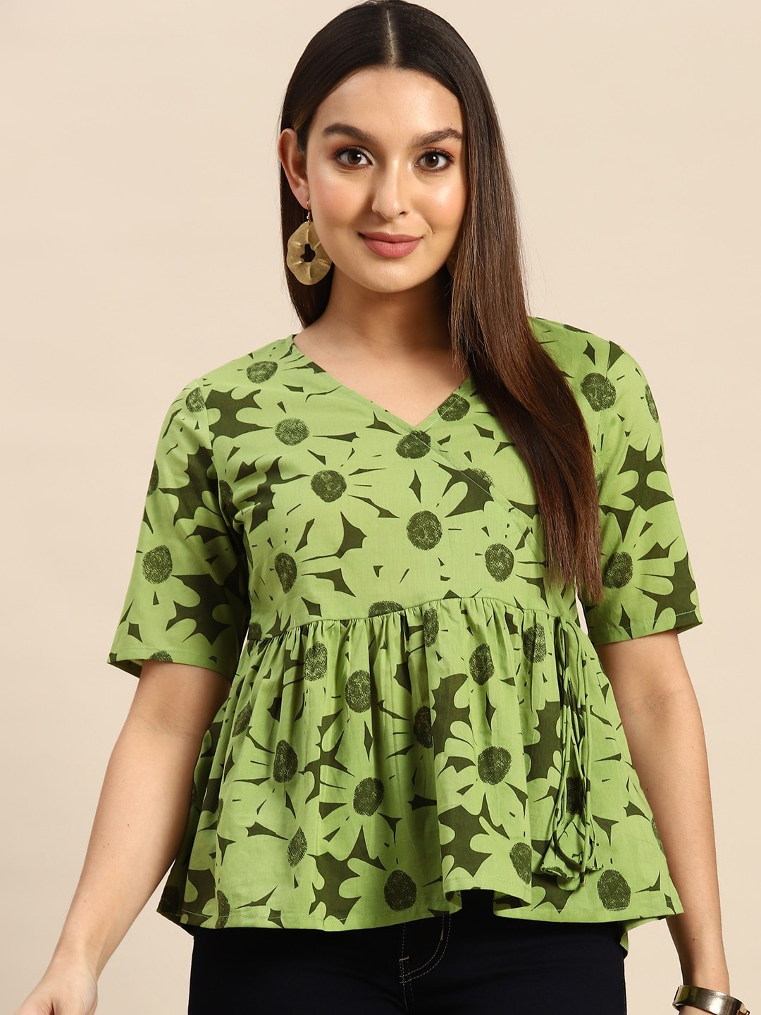 

Anouk Cotton Floral Print Wrap Ethnic Top, Green
