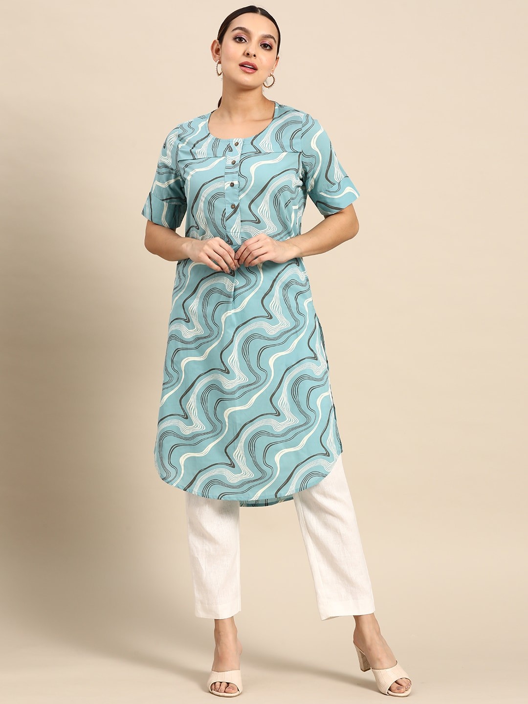 

Anouk Printed Pure Cotton High-Low Hem Straight Kurta, Blue