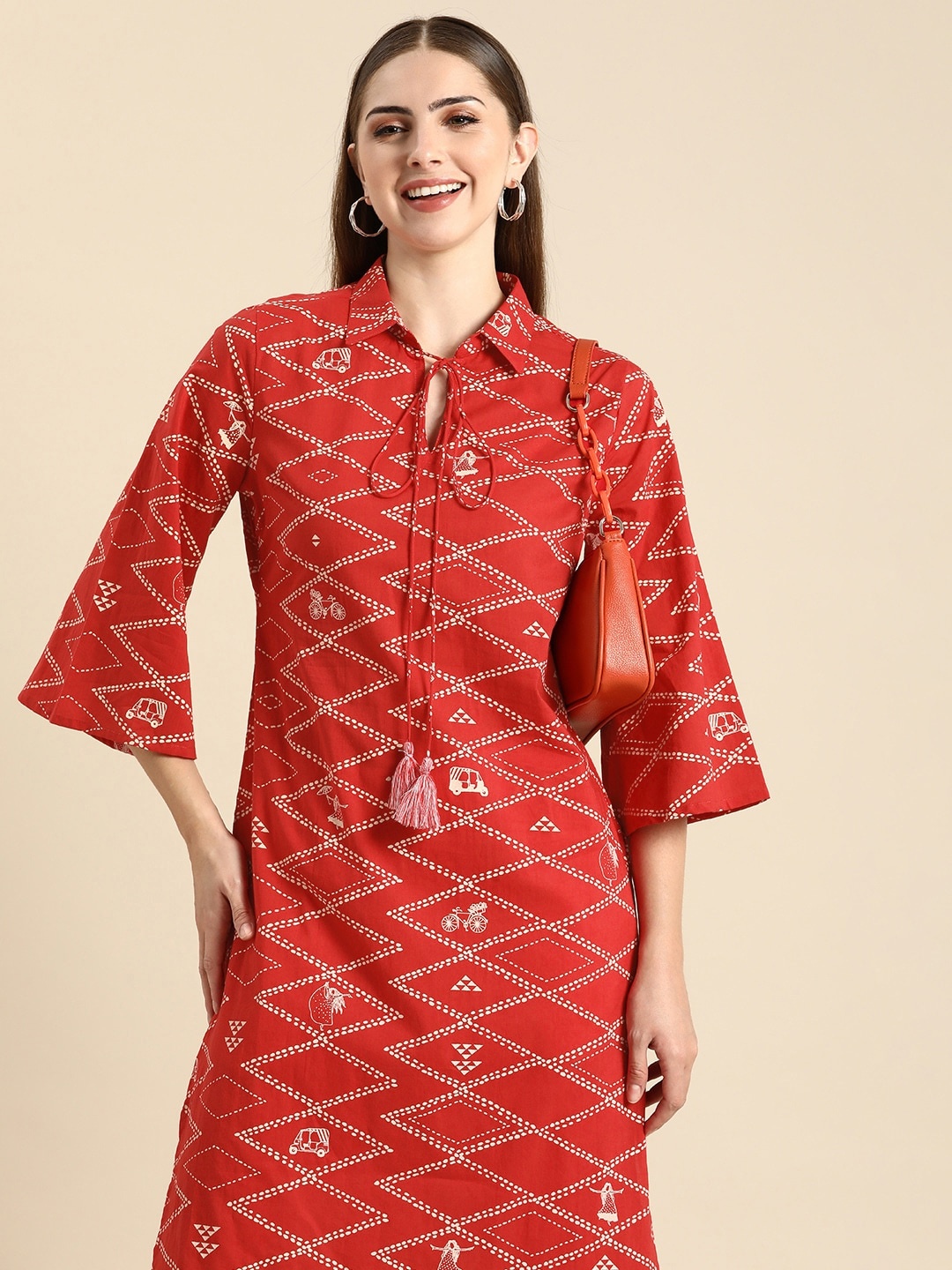 

Anouk Women Pure Cotton Geometric Printed Bell Sleeves Kurta, Red