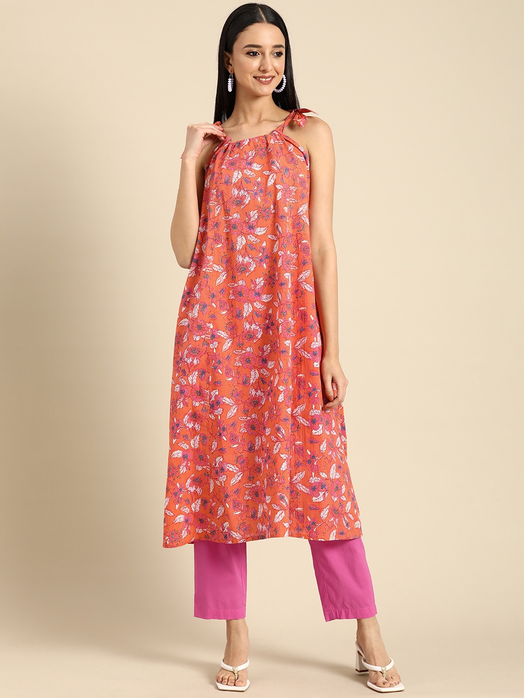 

Anouk Women Pure Cotton Floral Printed Kurta with Trousers, Coral