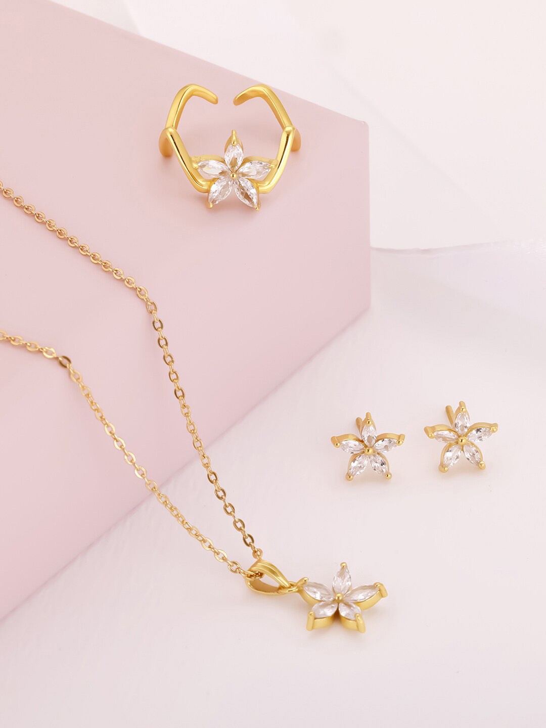

GIVA 925 Sterling Gold Plated & White CZ-Studded Lily Pendant Jewellery Set