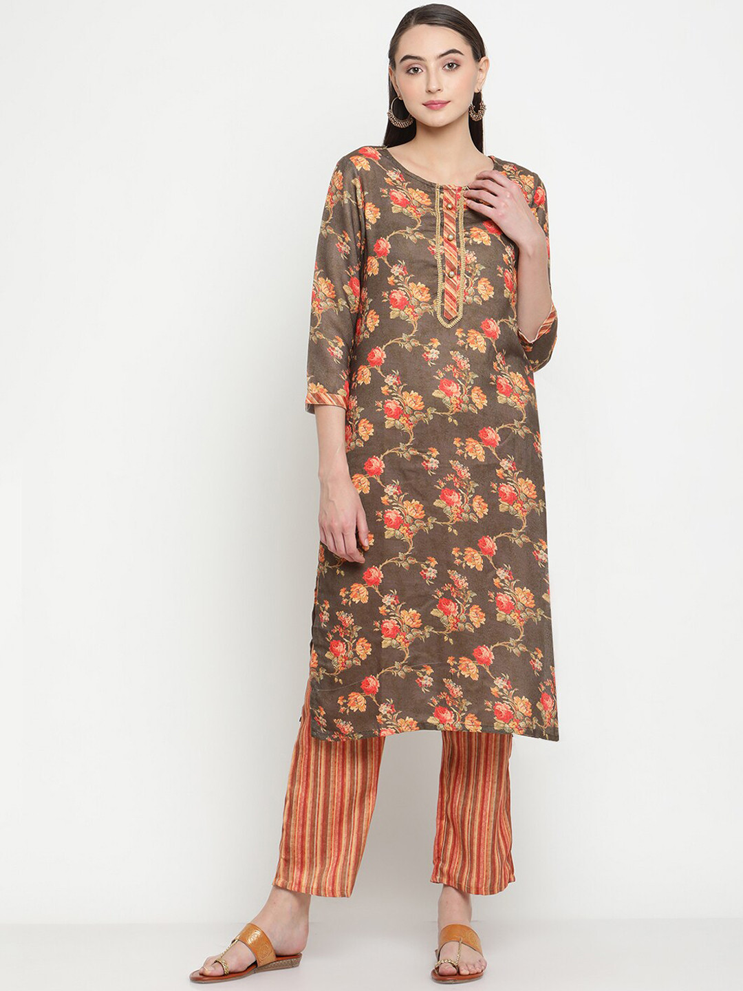 

Be Indi Women Floral Printed Straight Kurta with Trousers Set, Brown