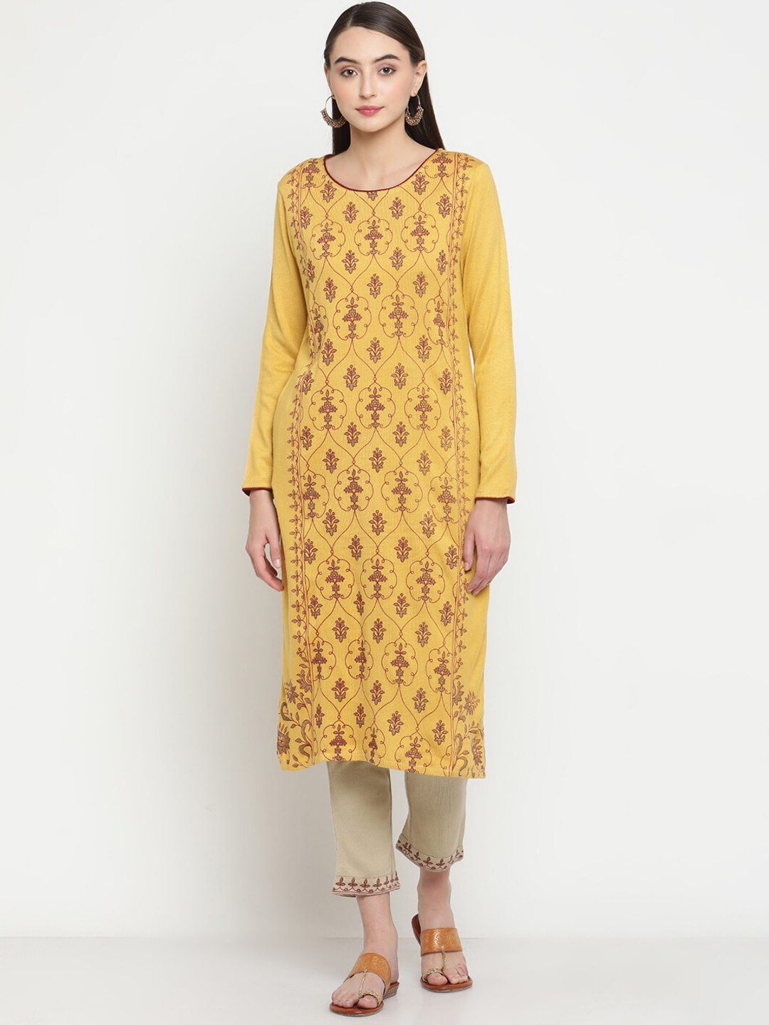 

Be Indi Women Ethnic Motifs Printed Kurta with Trouser Set, Mustard