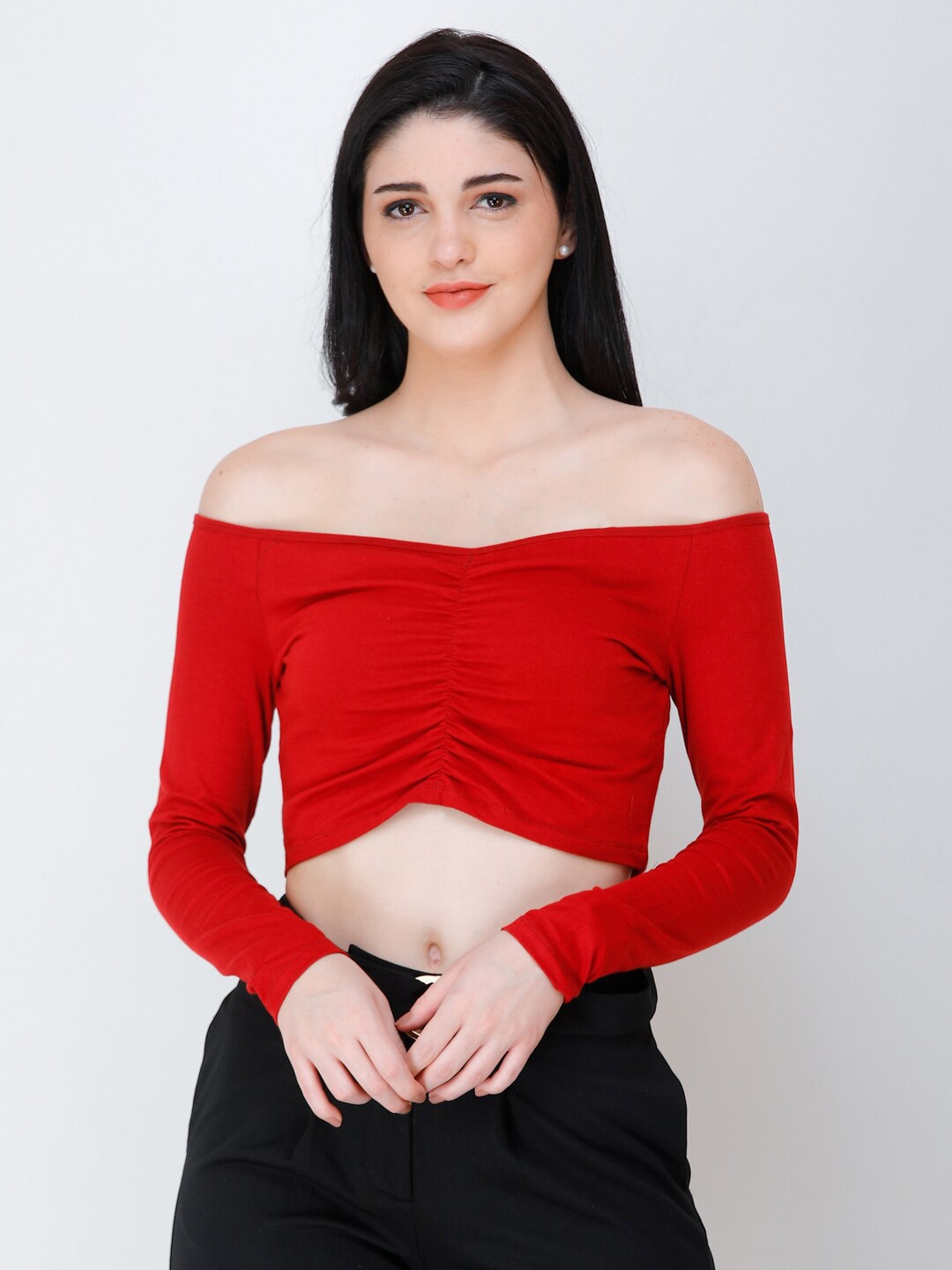 

Cation Off-Shoulder Bardot Crop Top, Maroon