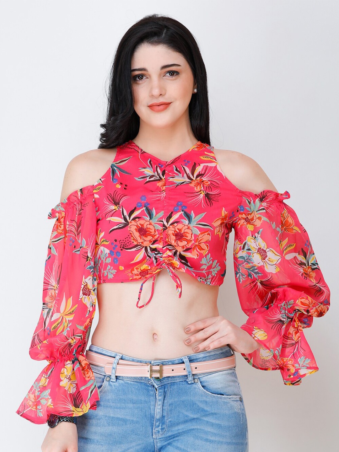 

Cation Floral Print Chiffon Crop Top, Pink