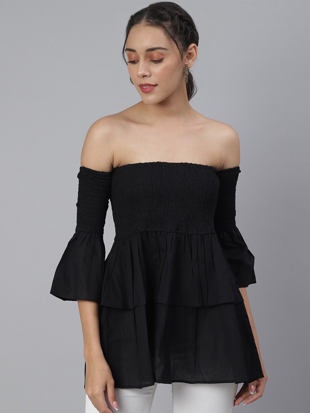 

Cation Off-Shoulder Tiered Top, Black