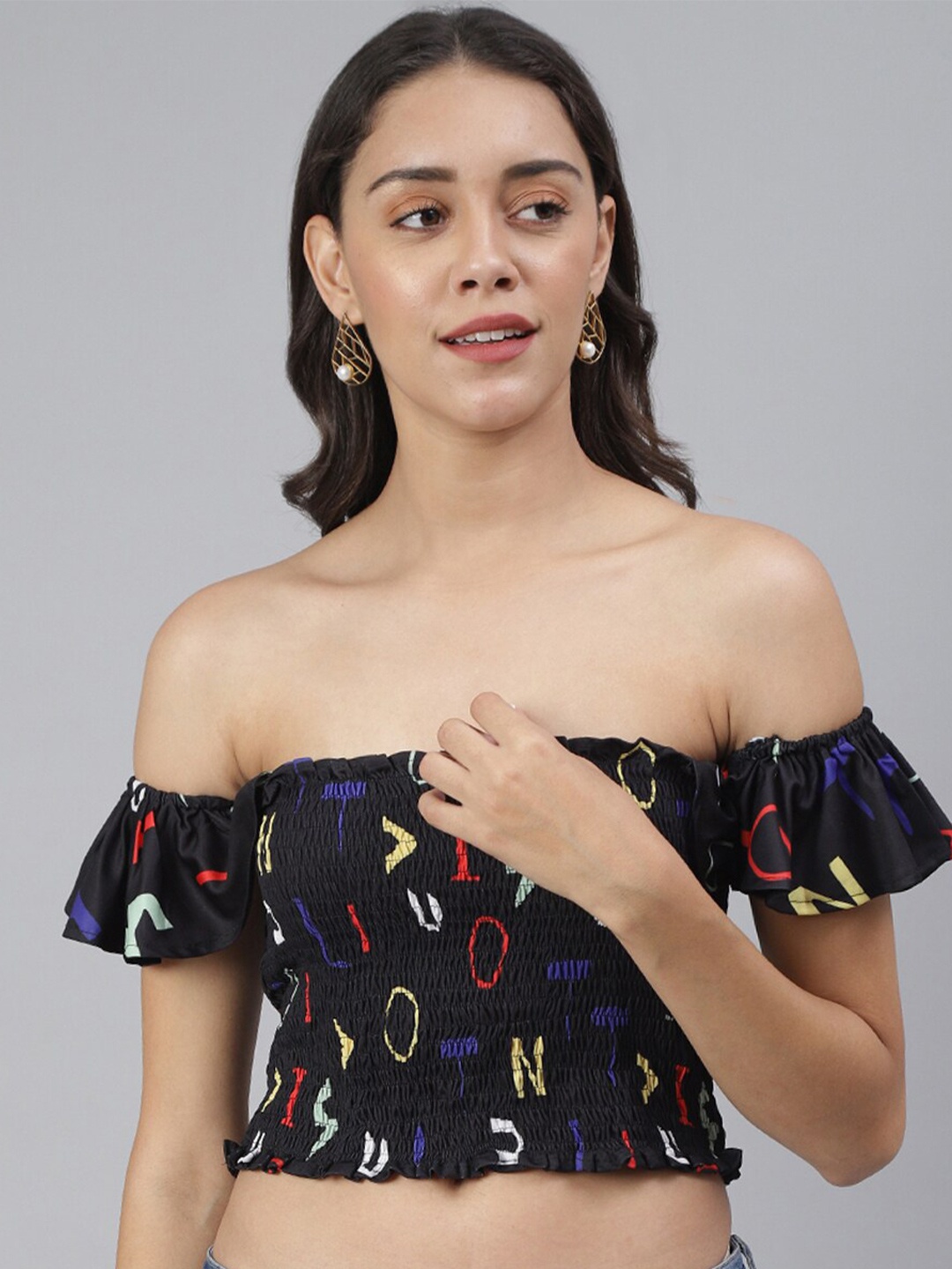 

Cation Print Off-Shoulder Bardot Crop Top, Black
