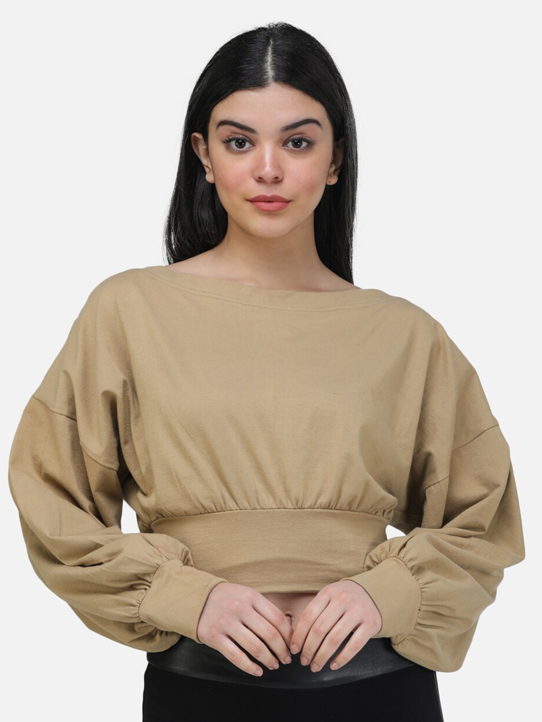

Cation Boat Neck Crop Top, Beige