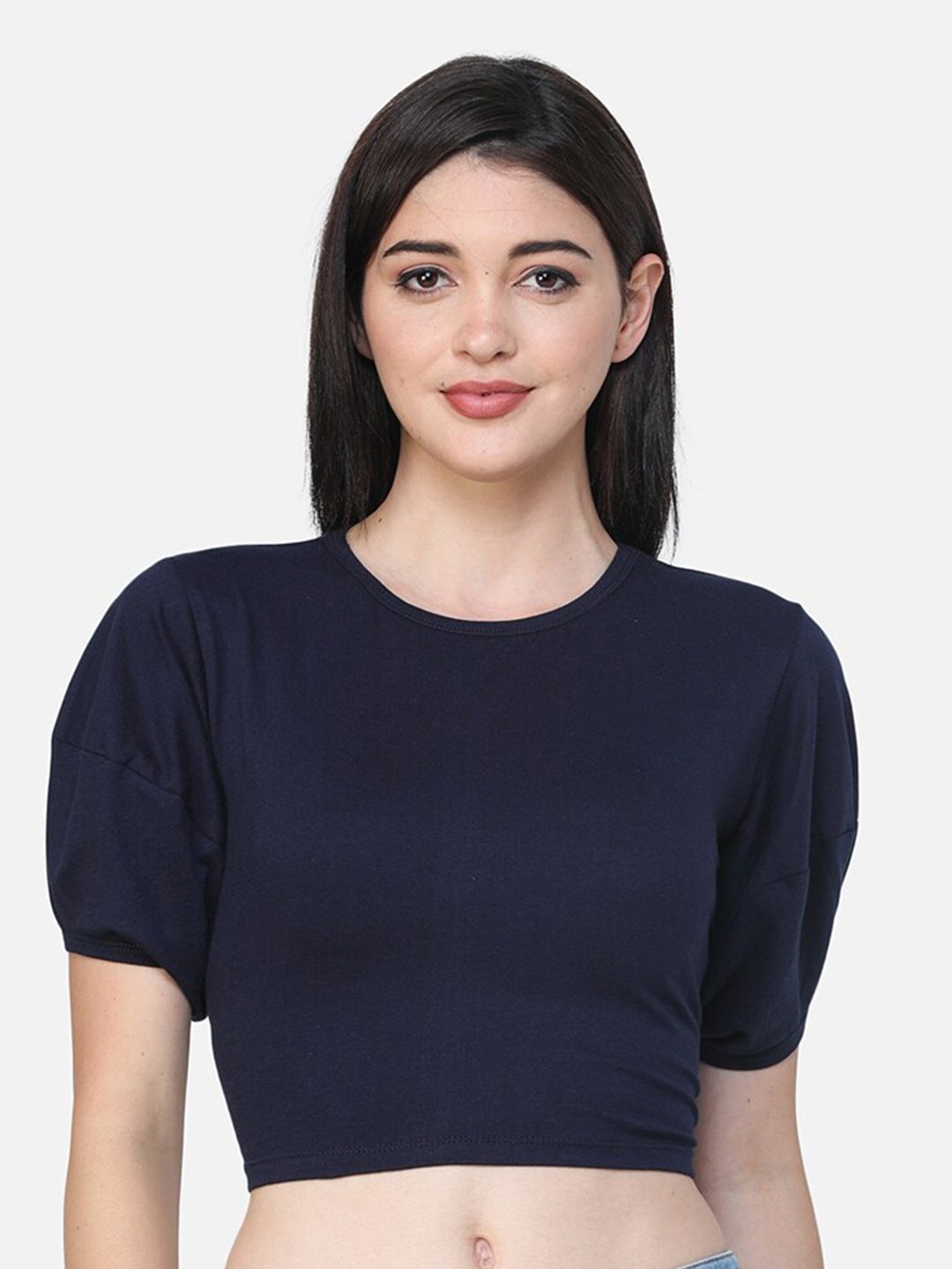 

Cation Round Neck Crop Top, Navy blue