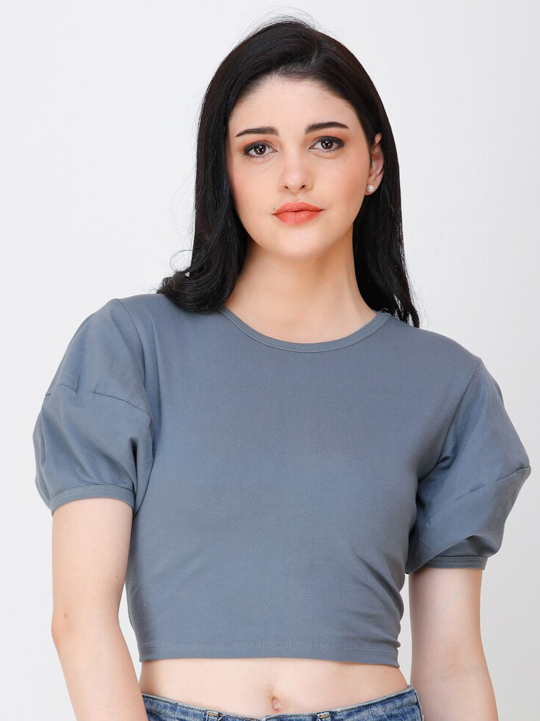 

Cation Puffed Sleeves Crop Top, Grey