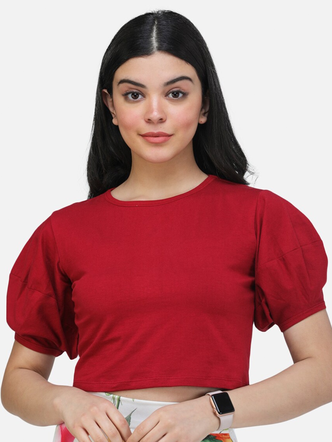 

Cation Puffed Sleeves Crop Top, Maroon