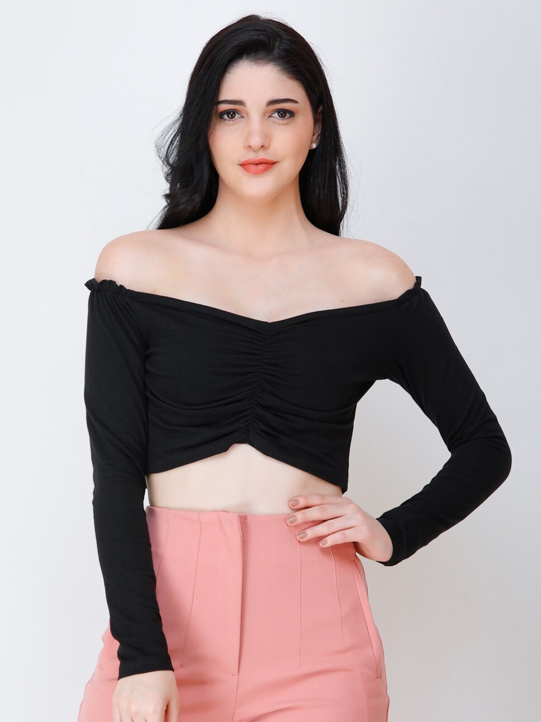

Cation Off-Shoulder Bardot Crop Top, Black