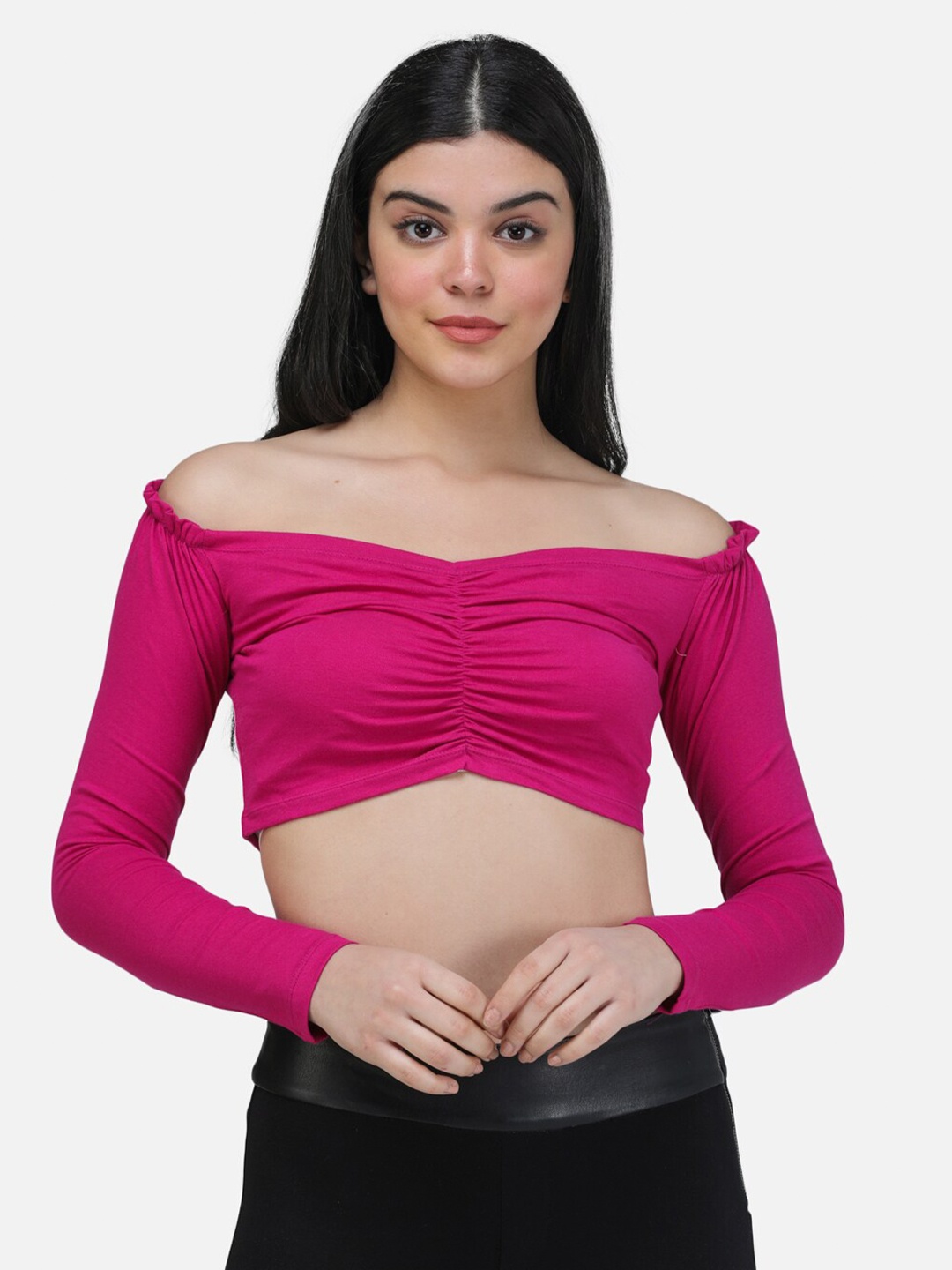

Cation Off-Shoulder Bardot Crop Top, Magenta