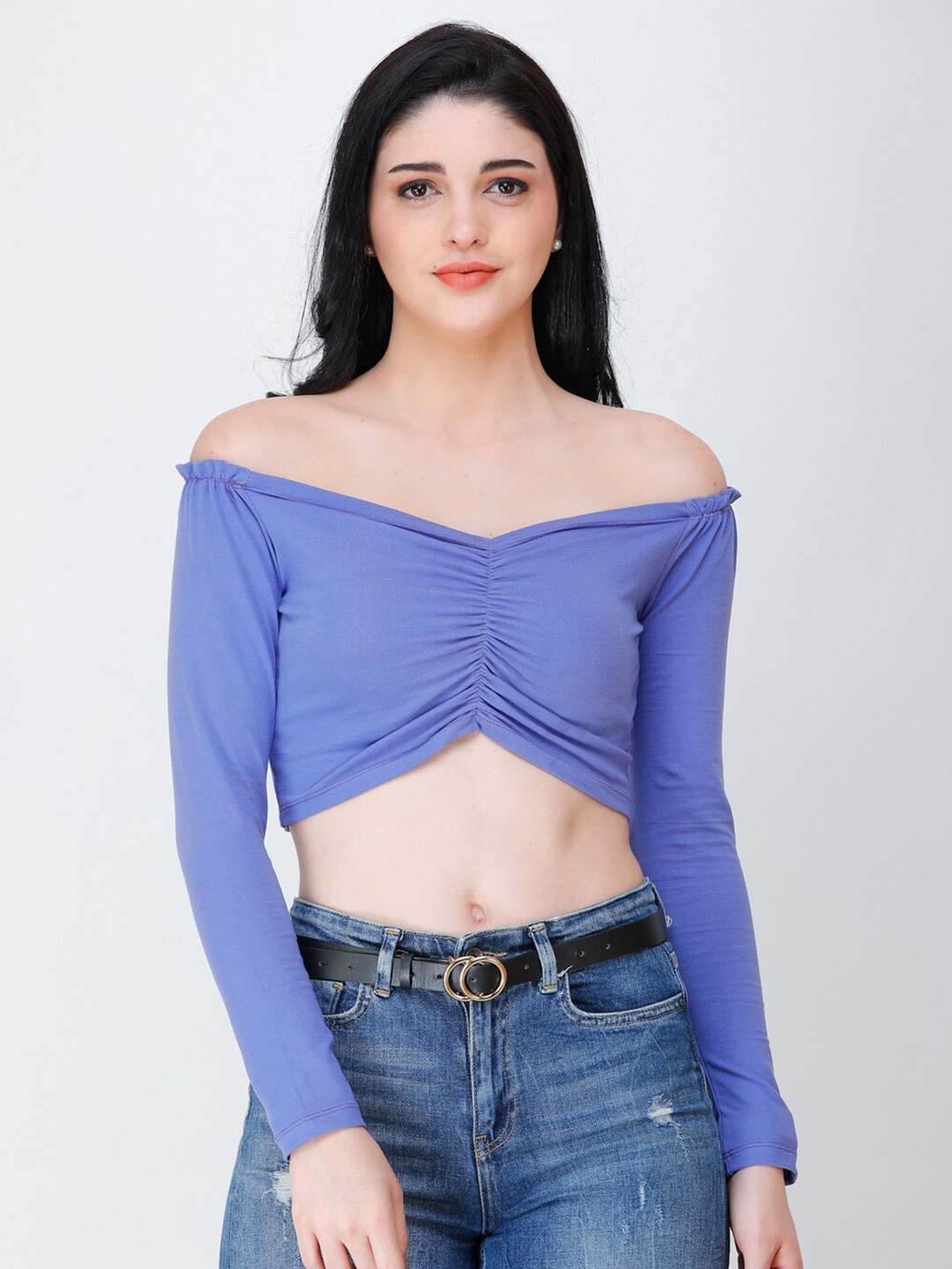 

Cation Purple Off-Shoulder Solid Bardot Crop Top