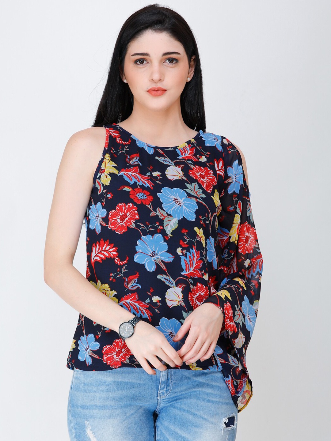 

Cation Navy Blue & Red Floral Print Georgette Top