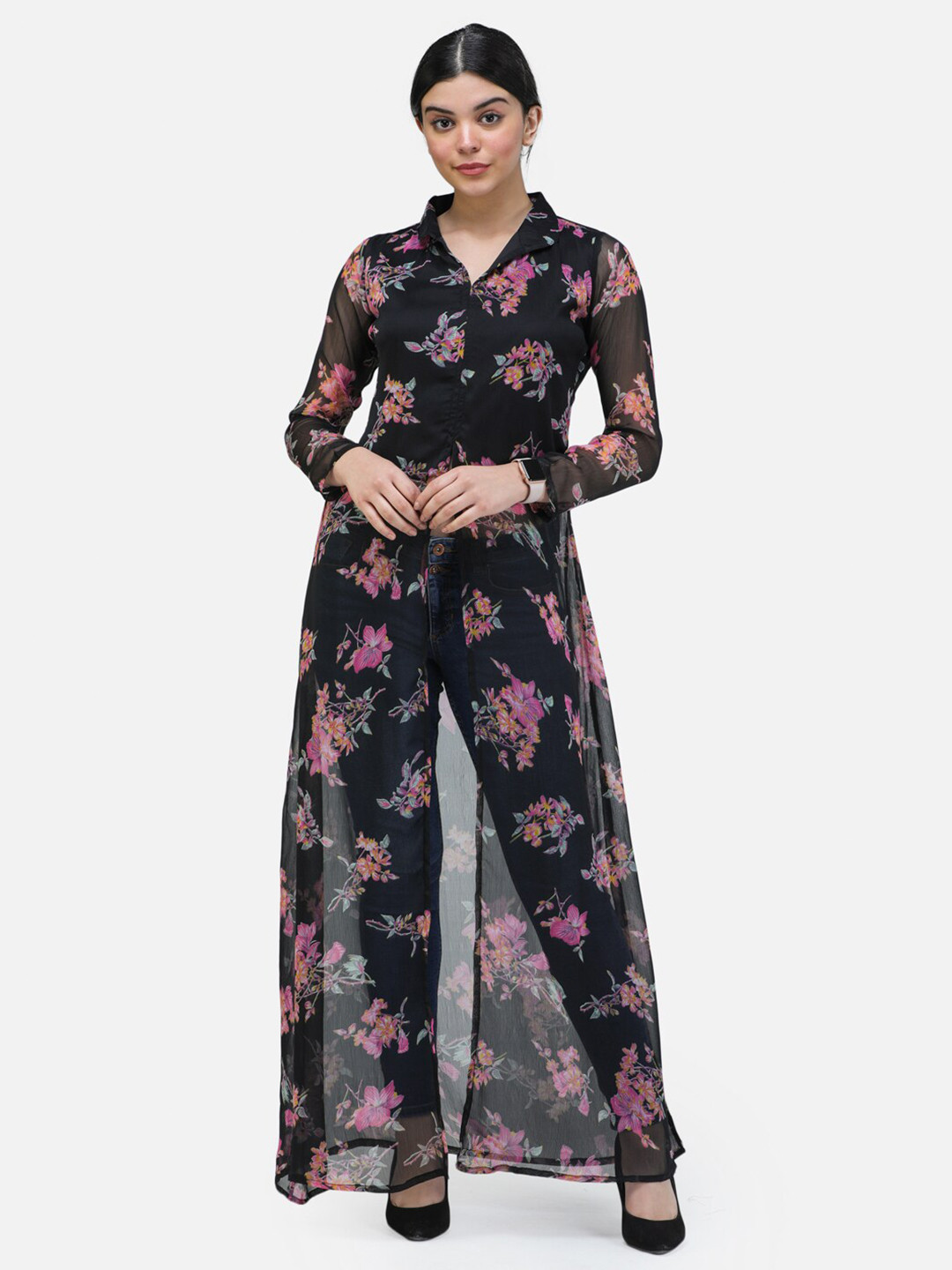 

Cation Black & Purple Floral Print Chiffon Maxi Longline Top