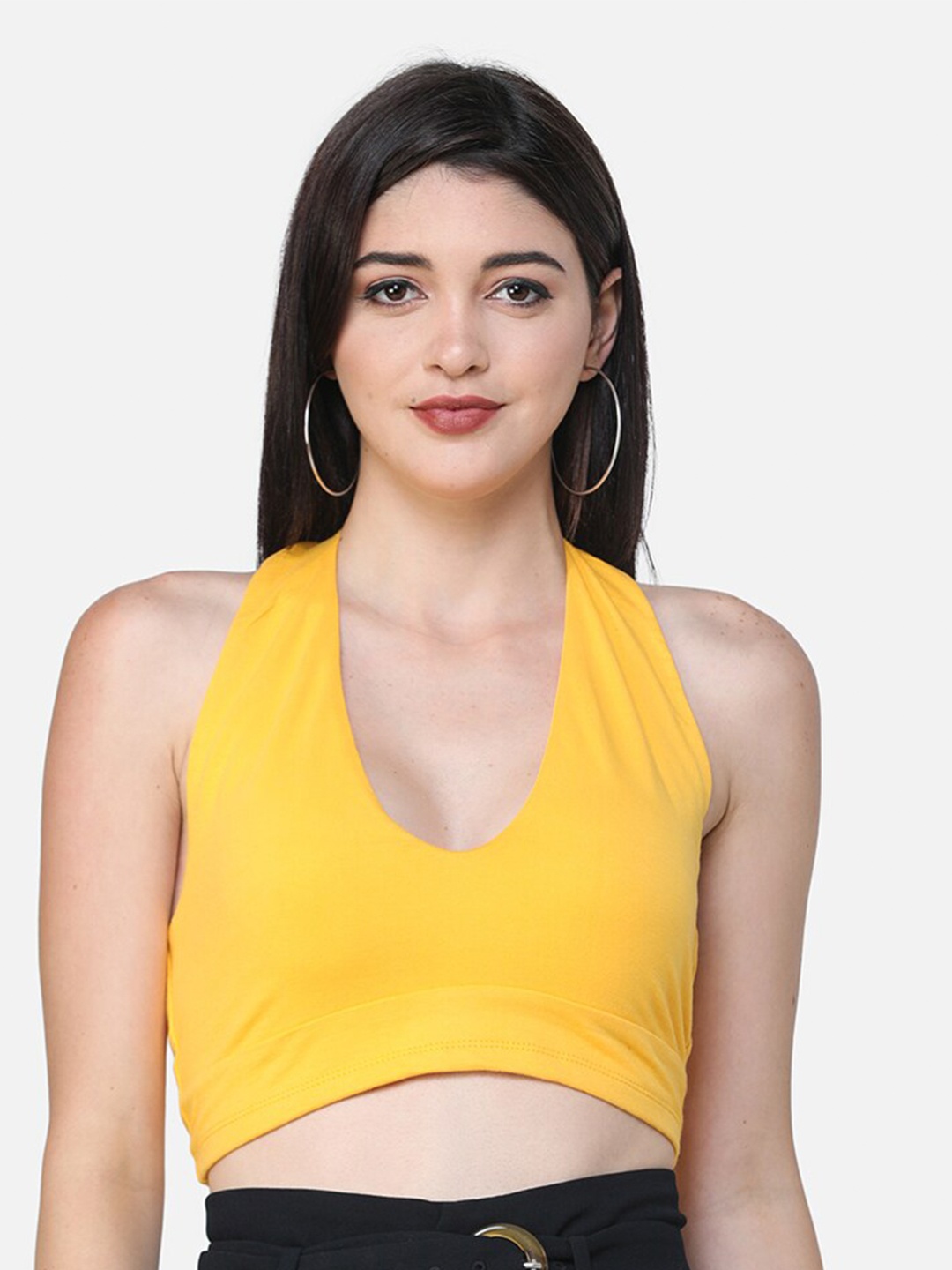 

Cation Yellow Halter Neck Solid Bralette Crop Top