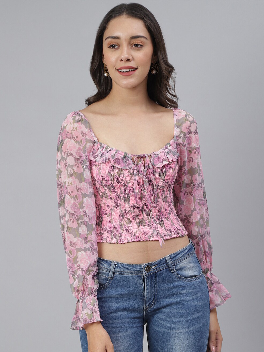 

Cation Pink Floral Print Chiffon Crop Top