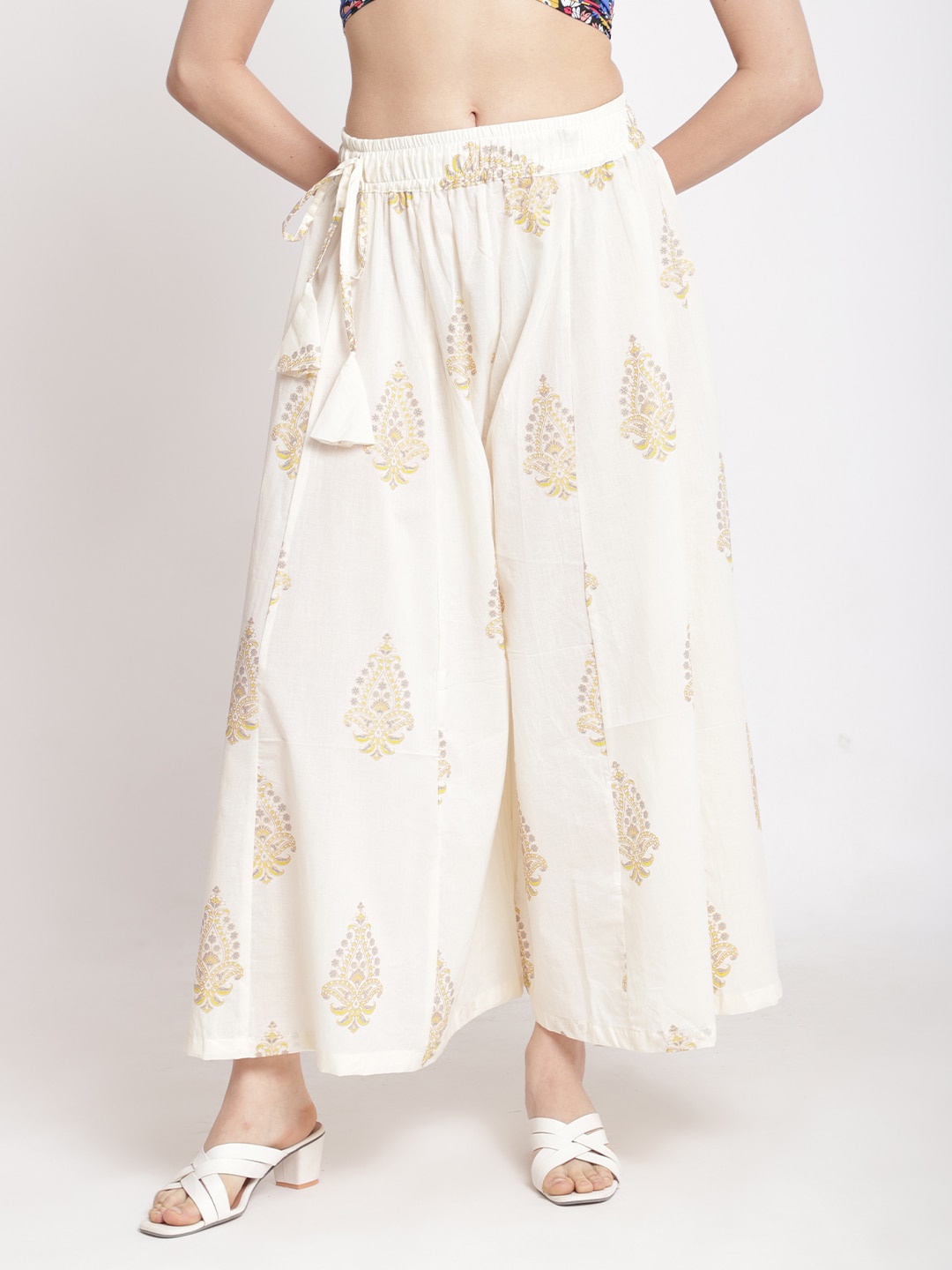 

TAG 7 Women Off White & Yellow Paisley Printed Cotton Flared Palazzos