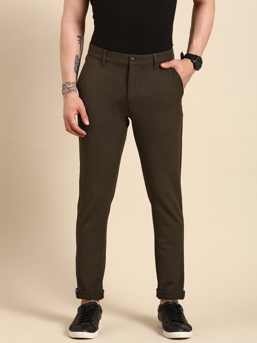

Being Human Men Self Design Textured Slim Fit Mid-Rise Chinos Trousers, Brown