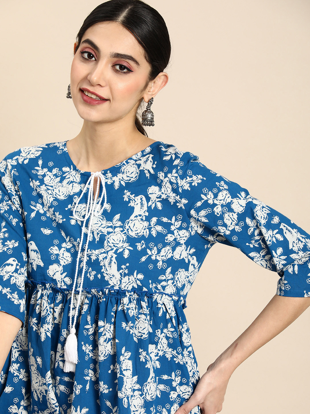 

Anouk Conversational Printed Keyhole Neck Empire Dress, Blue