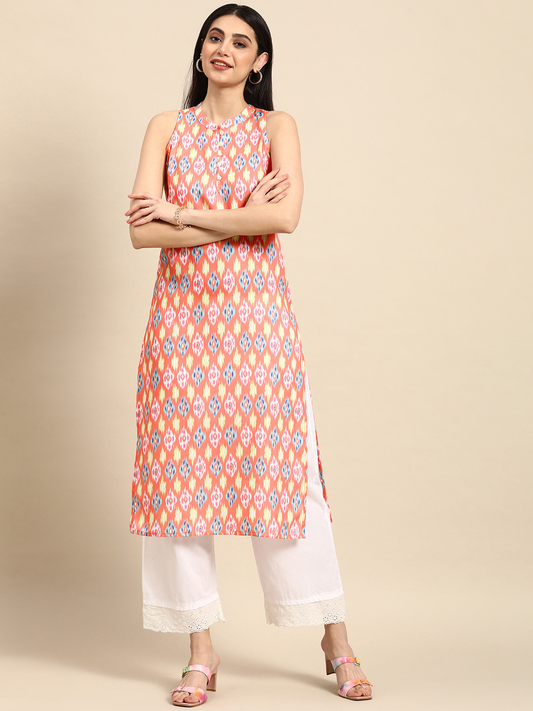 

Anouk Women Mandarin Collar Ikat Printed Straight Kurta, Multi
