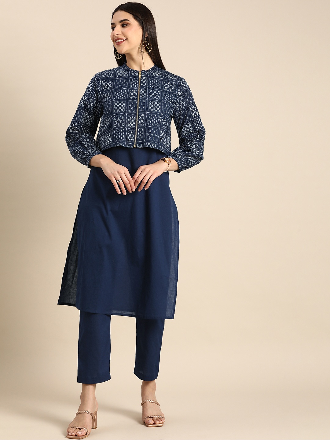 

Anouk Women Pure Cotton Kurta with Trousers & Jacket, Navy blue